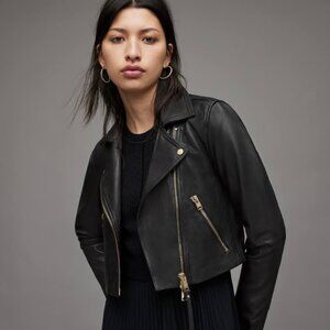 Allsaints Dalby Cropped Leather Biker Jacket 10 Black